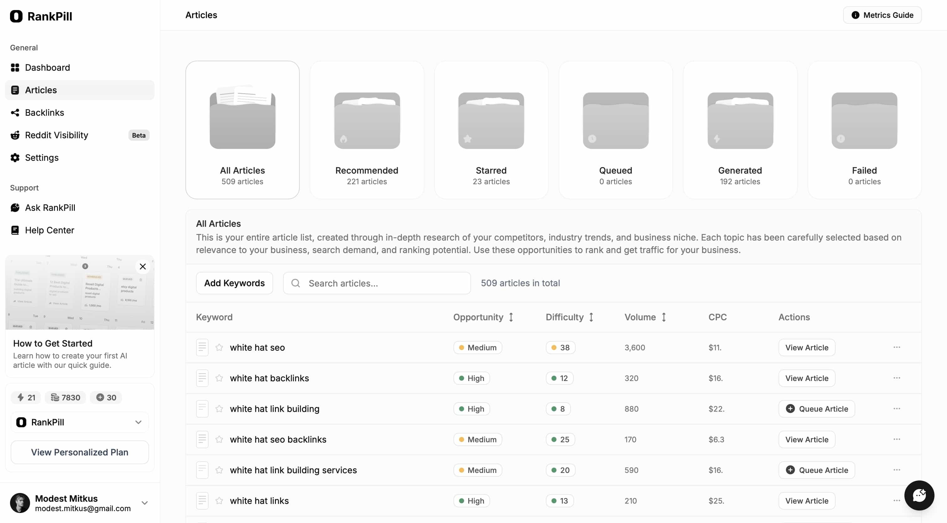 RankPill Articles view listing 509 keyword-targeted articles across All, Recommended, Starred, Queued, Generated, and Failed tabs, with Opportunity, Difficulty, Volume, and CPC data per row.