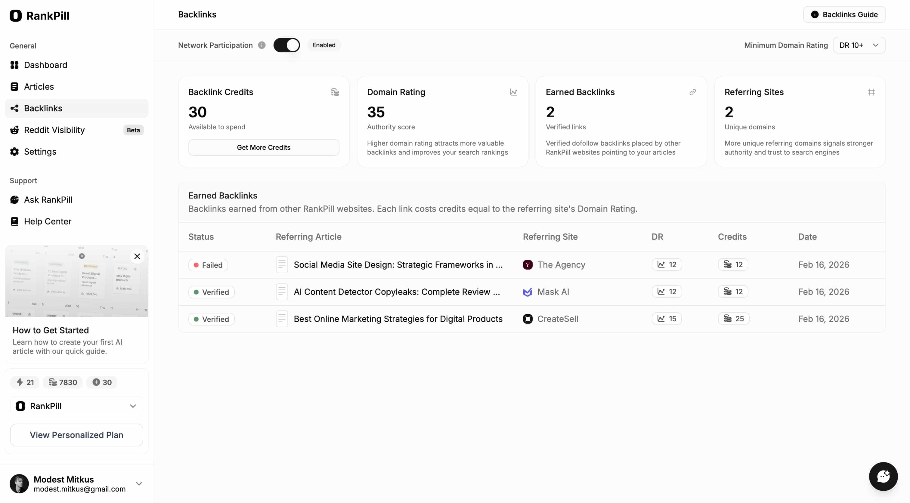 RankPill Backlinks dashboard showing 30 backlink credits, Domain Rating 35, 2 verified backlinks, and 2 referring sites with status, DR, and credit cost per link.