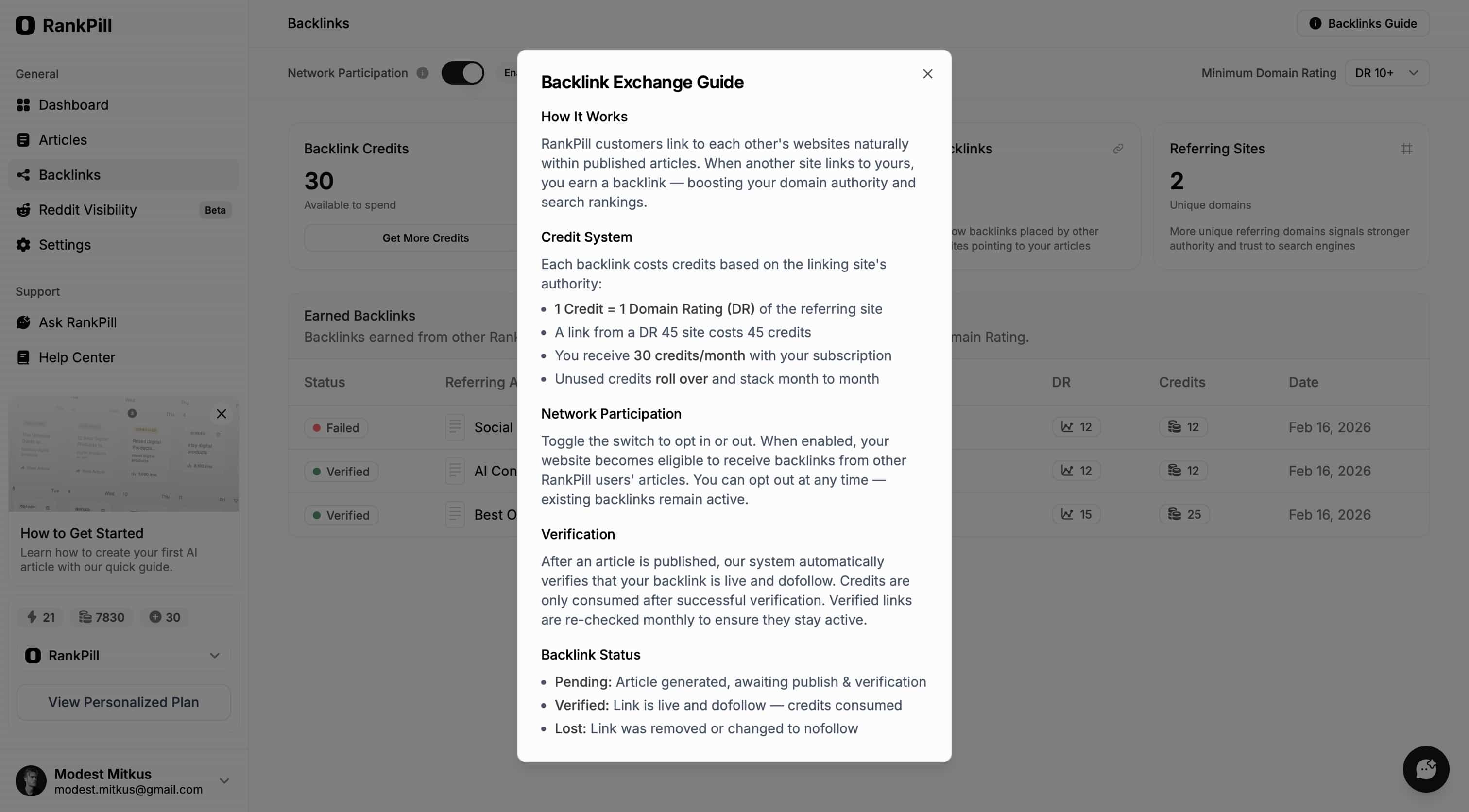 RankPill Backlink Exchange Guide explaining the credit system: 1 credit equals 1 Domain Rating point, 30 free credits per month, unused credits roll over, and verification keeps links live and dofollow.