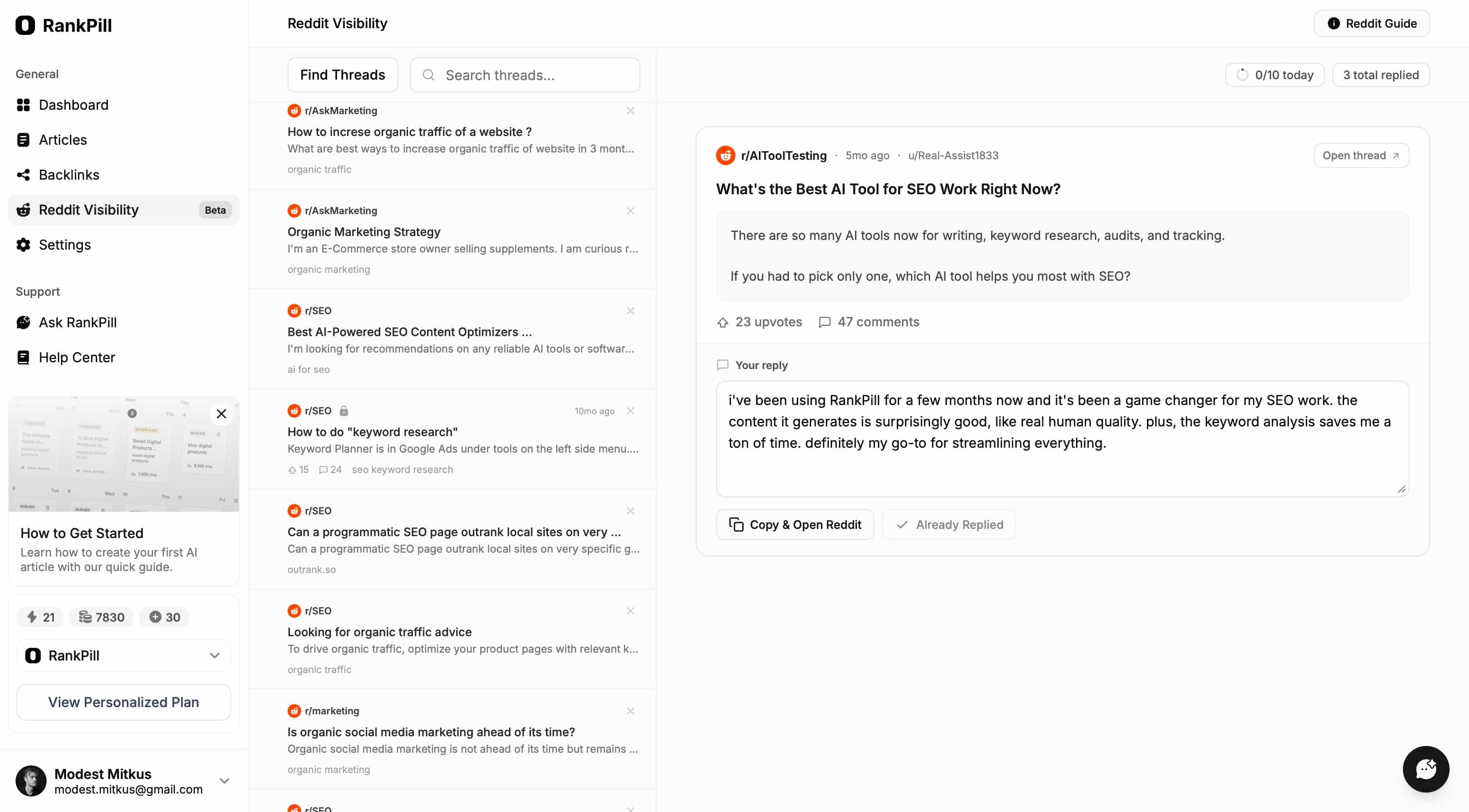 RankPill Reddit Visibility tool showing a feed of relevant Reddit threads from r/AskMarketing, r/SEO, and r/marketing with subreddit, upvotes, and comments alongside a draft reply for an SEO tool recommendation thread.