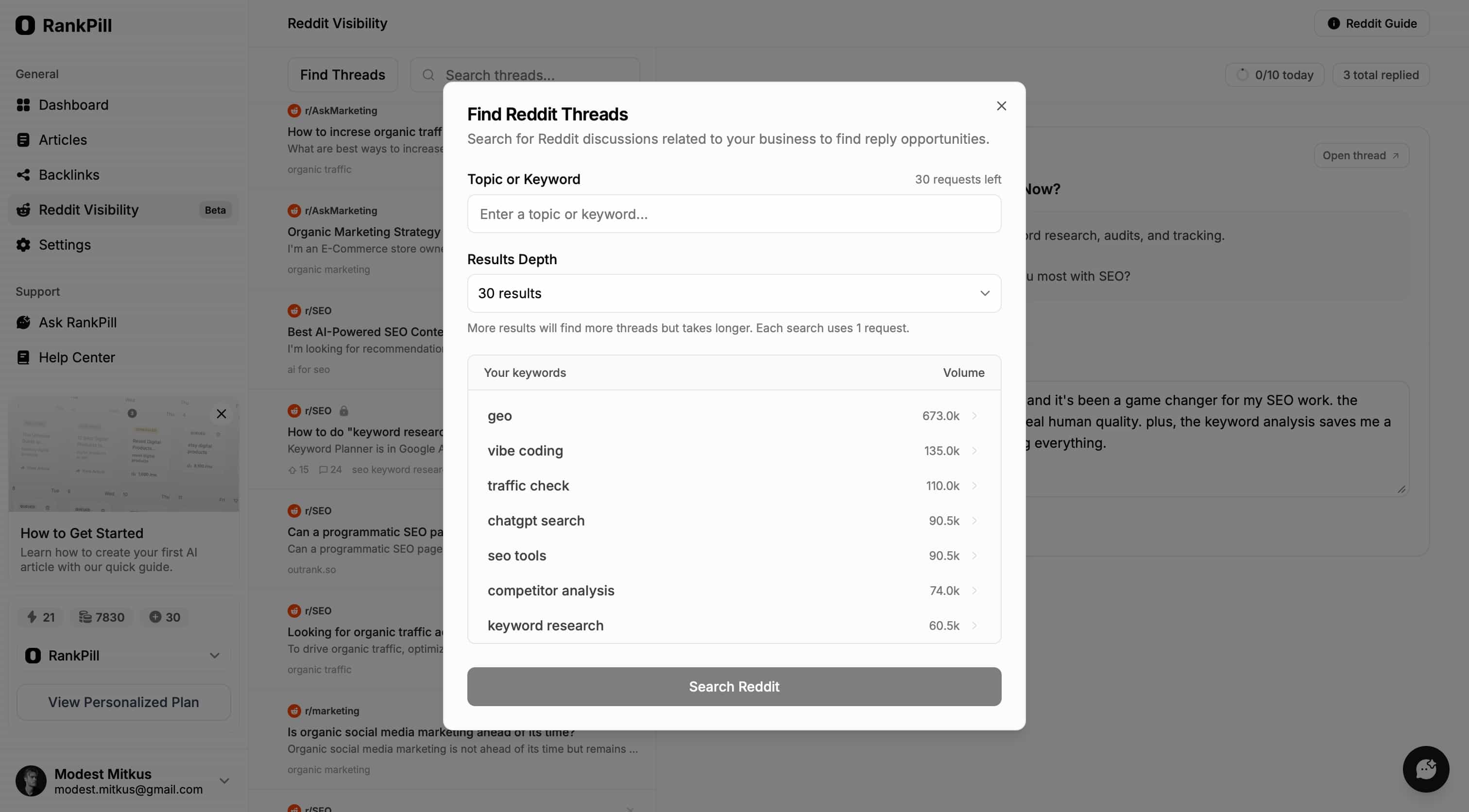 Find Reddit Threads modal in RankPill, with a topic search field, results depth selector, and a list of suggested keywords like 'geo', 'vibe coding', 'traffic check', and 'chatgpt search' along with their monthly search volumes.