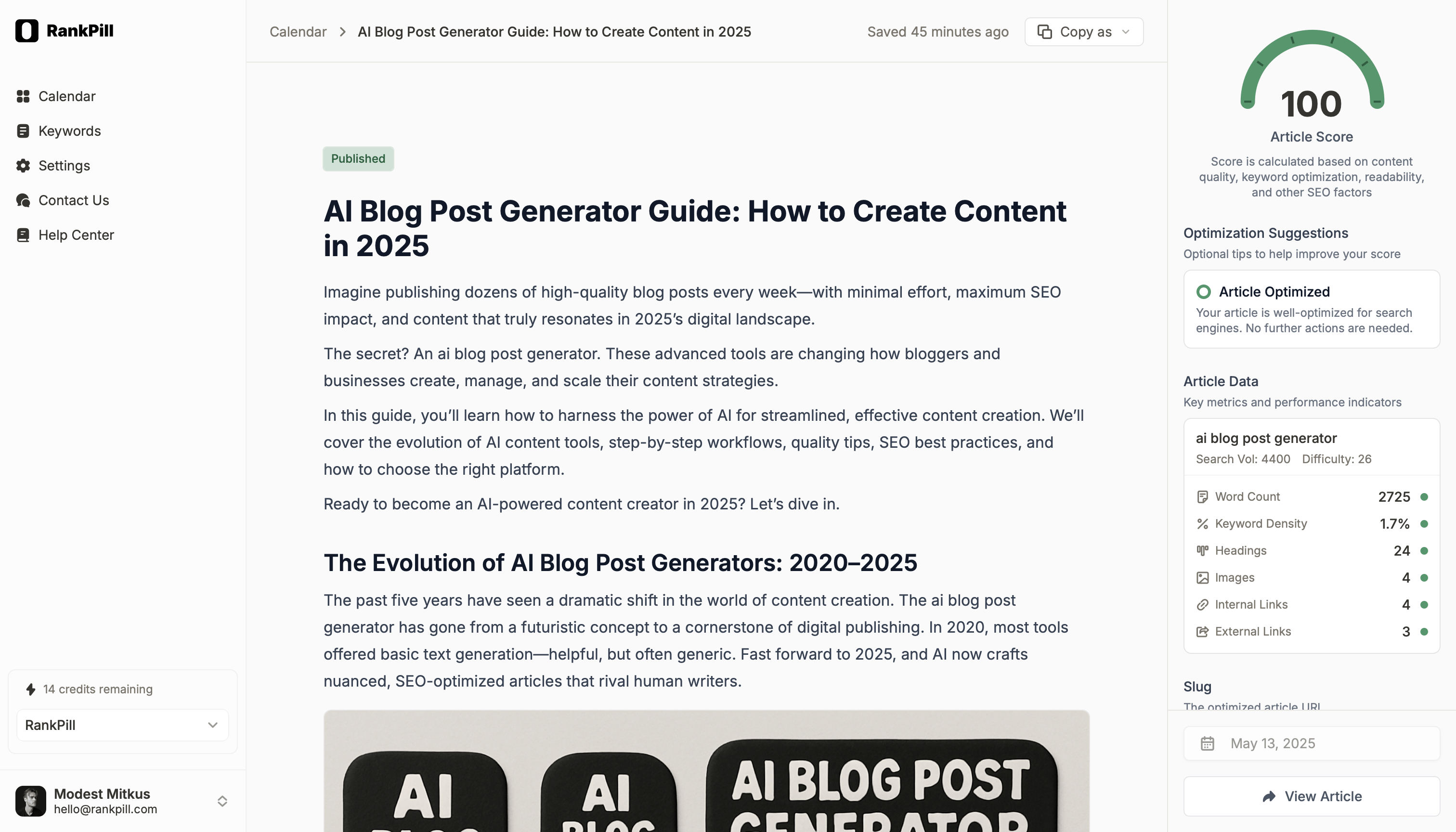 Screenshot of the RankPill article generation interface.